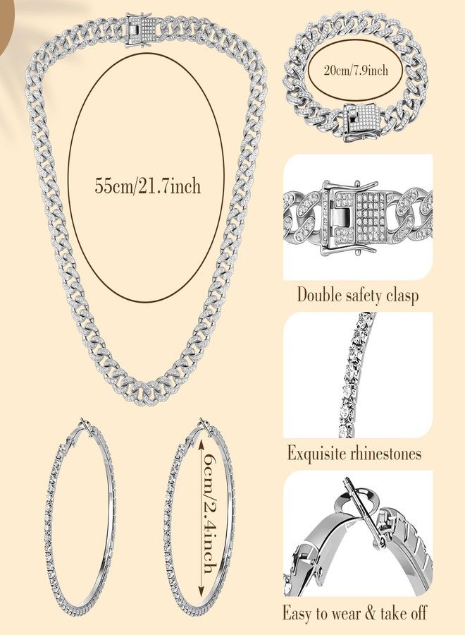 Tisancy 4 Pcs Women Rhinestone Jewelry Denim Accessories, Women's Rhinestone Bling Belt Shiny Hoop Earrings Necklace Bracelet(Silver) - Image 4